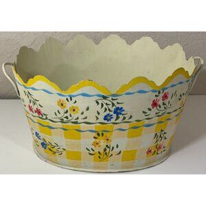 Vintage Metal Oval Basket Floral Flowers 2 Handles Spring Summer Shabby Chic